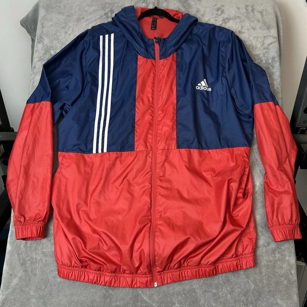 Adidas Windbreaker Axis Full‎ Zip Jacket Mens Hooded Color White, Red & Blue 2XL